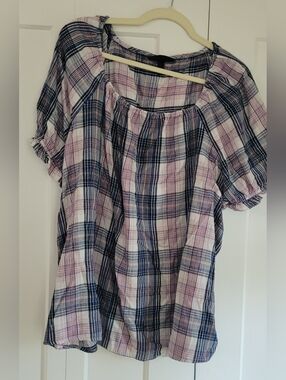Classic Pink & Navy Plaid Women’s Peasant Top